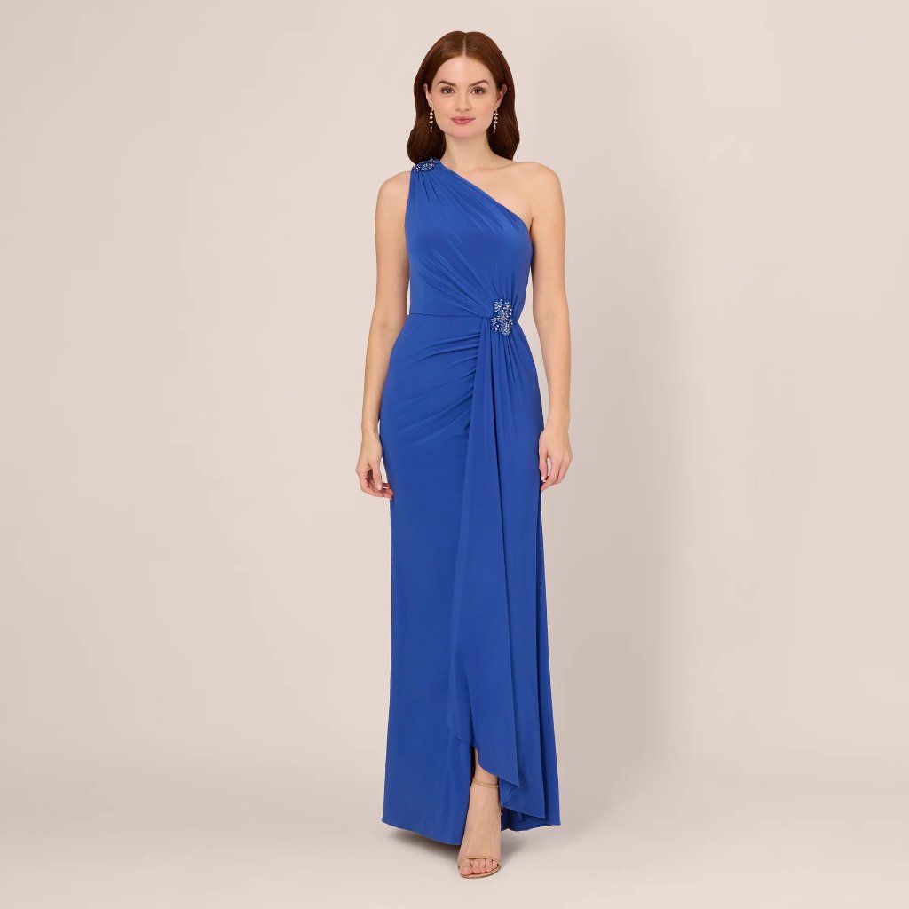 Adrianna Papell Size 6r One Shoulder Draped Jersey Gown - Sapphire